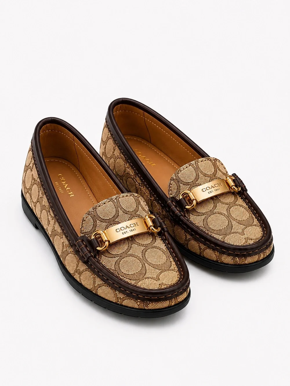 Coach Tan & Brown Monogram Penny Loafers with Gold Hardware